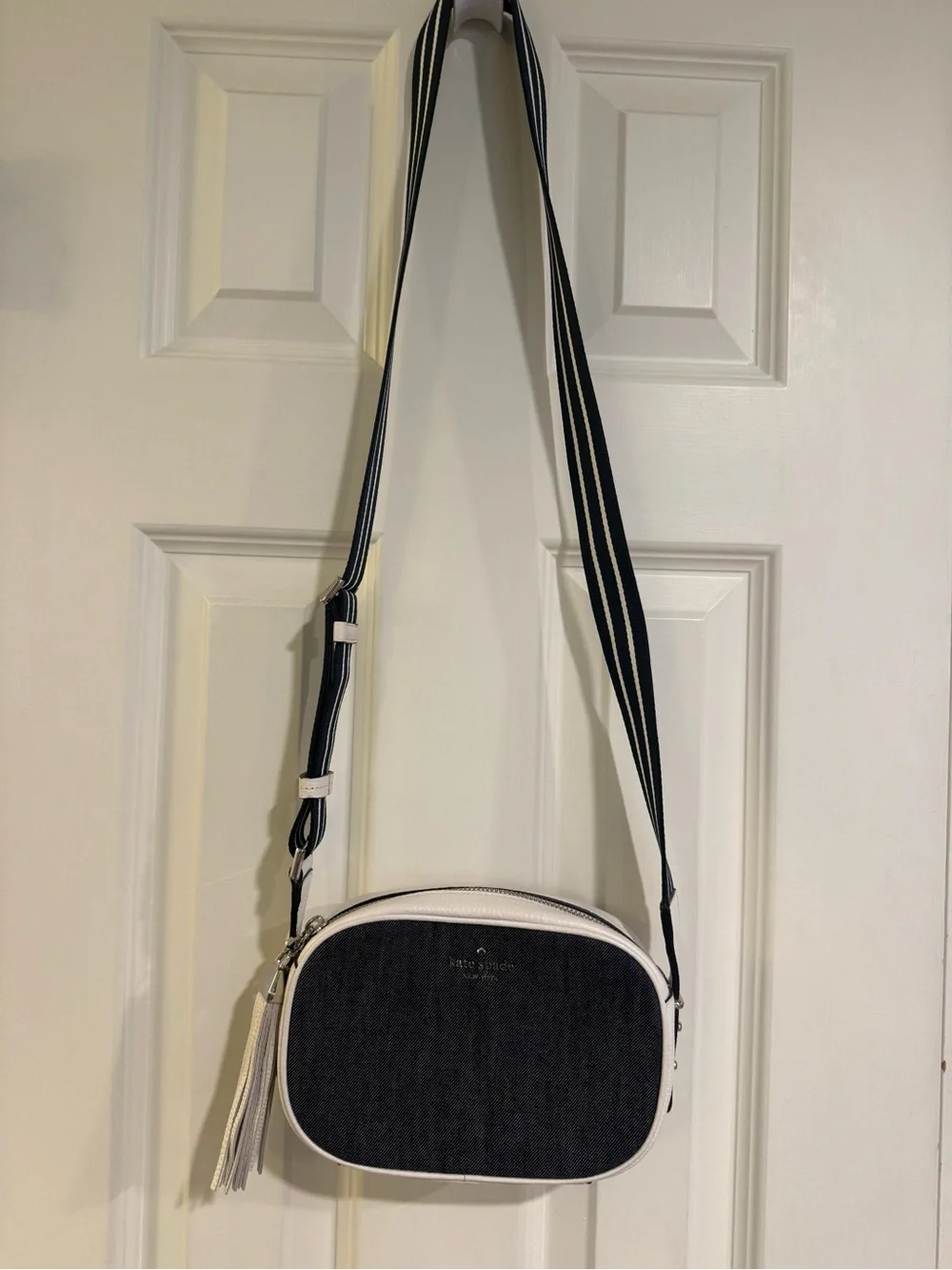 kate spade Dark Denim and white leather Crossbody with Tassel